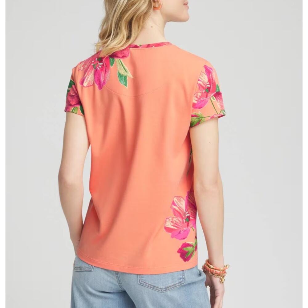CHICO’S Floral Cap Sleeve Tee Crew Neck Classic Fit Orange Multi Womens Size L - Picture 2 of 8